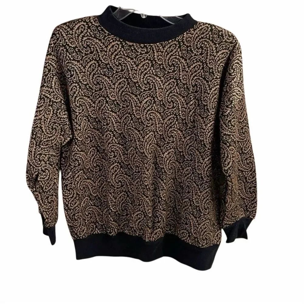 Vintage Black Gold Metallic Sweater One Size USA Made Glam Party Top One Sz FA